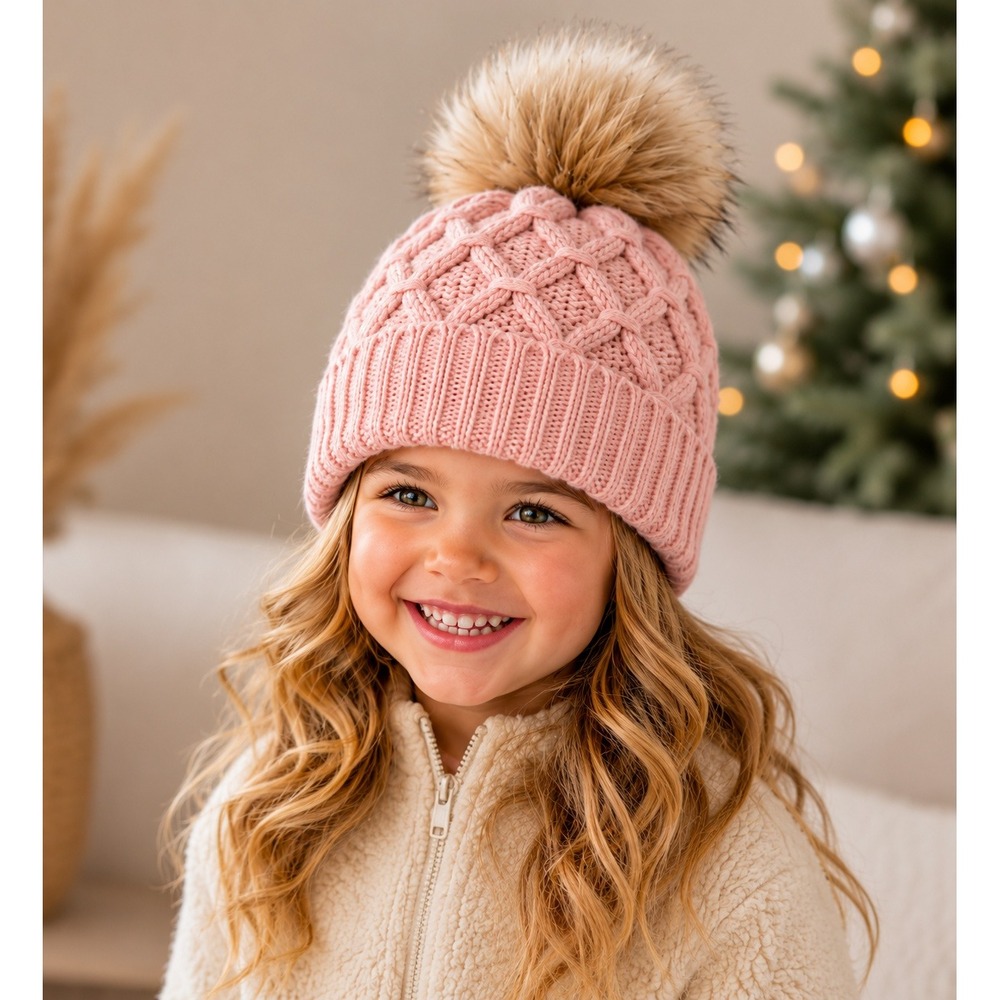 CUPCAKES AND CASHMERE Beanie Faux Fur Pom Cable Knit baby OS Pink NEW Winter Hat